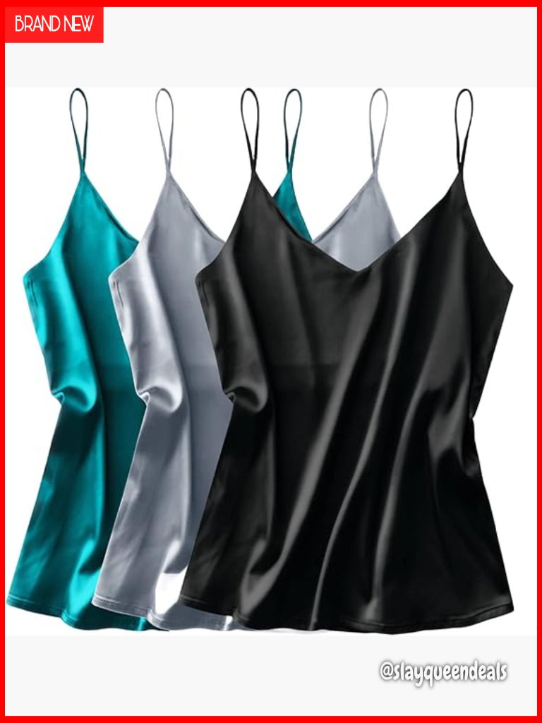 Silk Satin V-Neck Camisole Tank Top Loose Fit Spaghetti Strap Blouse